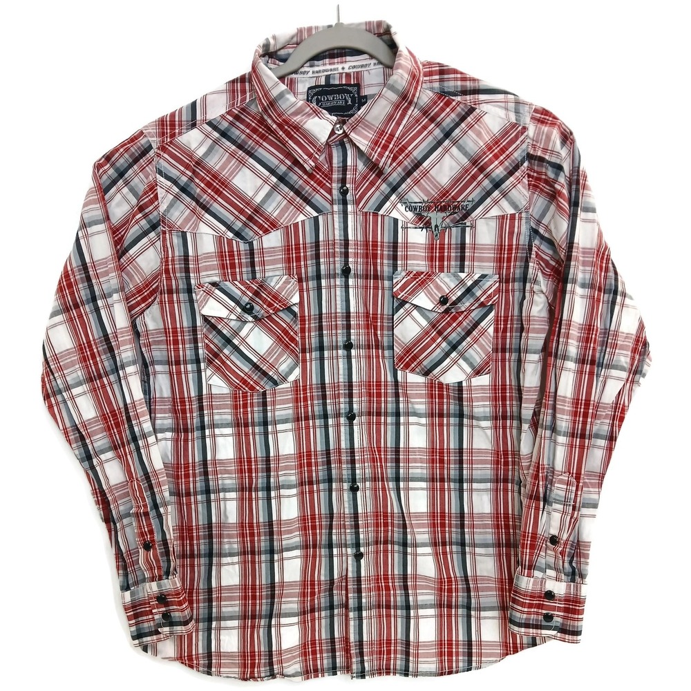 Cowboy Hardware Shirt Mens Medium‎ Red Gray Plaid Western Pearl Snap Embroidered